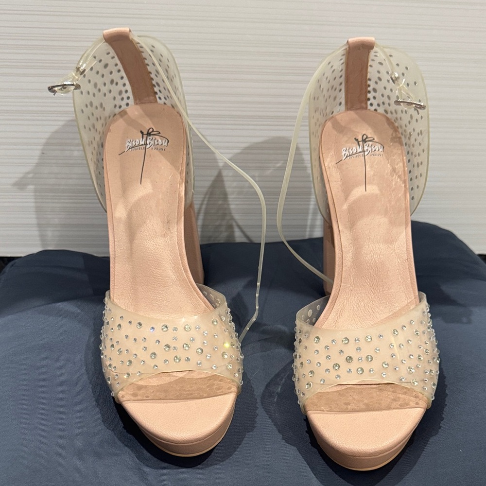 Michele Bohot Nude Rhinestone Peep-Toe Heels
